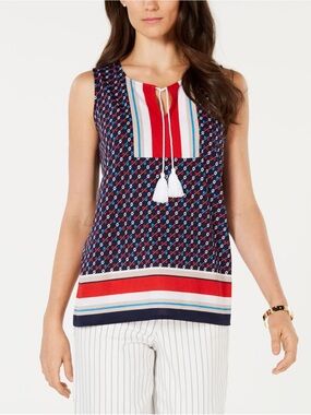 Sleeveless Navy & Red Tassel Tie Geometric Print Top